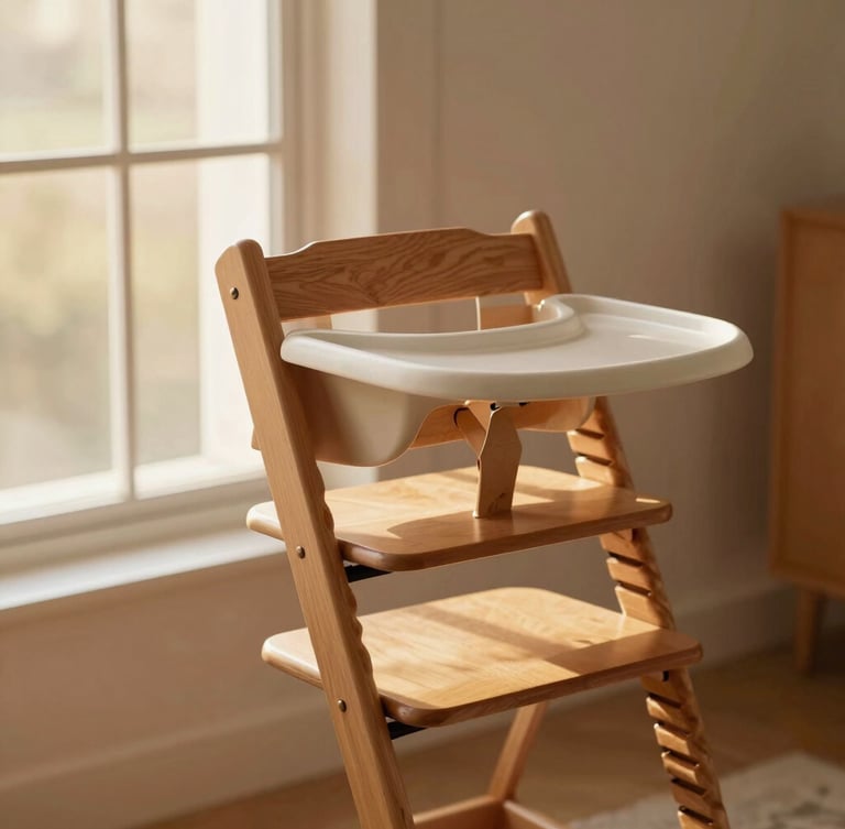 A beautifully maintained premium wooden high chair and a soft baby bouncer bathed in warm golden-hour window light, minimalist clean interior, 35mm photography