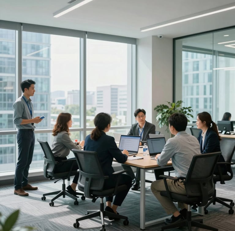 Bright, modern Canadian corporate office with large windows, professionals collaborating around a large table, cool daylight with subtle teal accents, 35mm