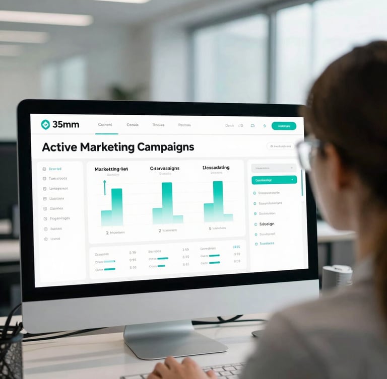Over-the-shoulder view of a clean data dashboard displaying active marketing campaigns, cool daylight with subtle teal accents, sharp focus, professional office setting, 35mm