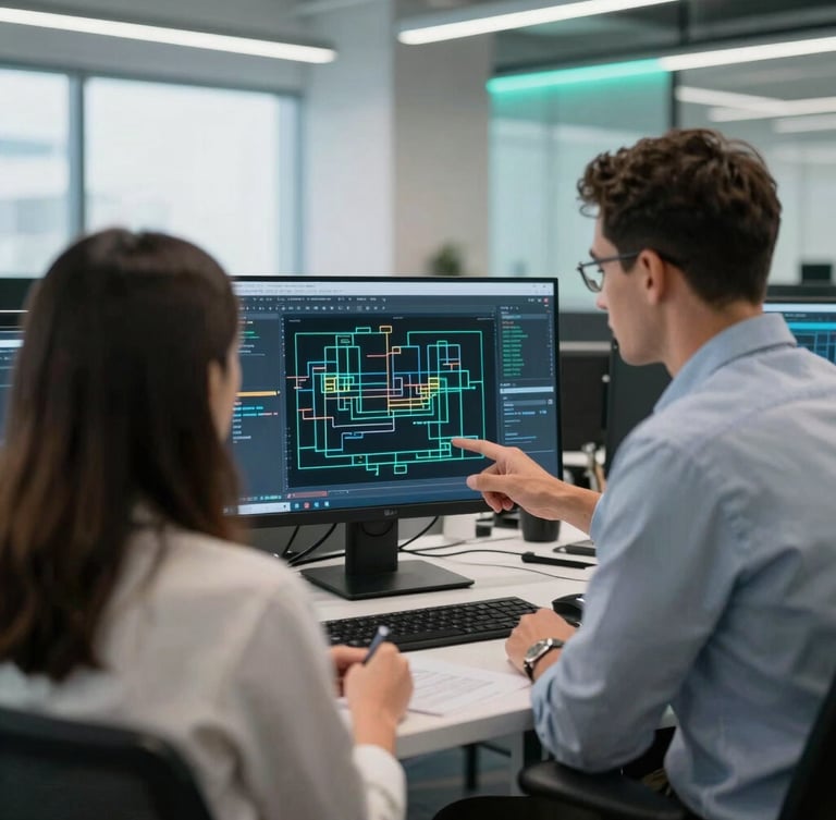 Over-the-shoulder perspective of two professional partners analyzing system architecture in a modern Canadian tech workspace, daylight with cool teal ambient accents, 35mm