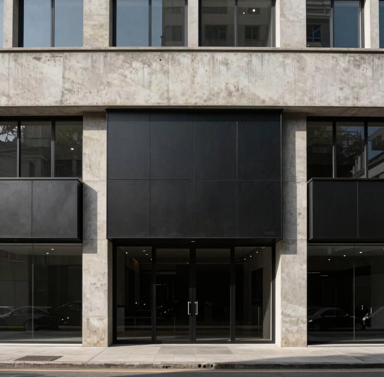 Elevação arquitetônica frontal de uma fachada comercial minimalista de luxo, concreto aparente encontrando caixilharia de aço preto fosco, luz natural difusa e sombras geométricas marcadas.