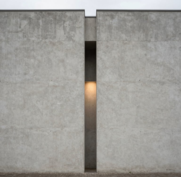 Fotografia em elevação plana de uma fachada minimalista de concreto cinza claro, abertura geométrica estreita revelando luz suave, sem pessoas.