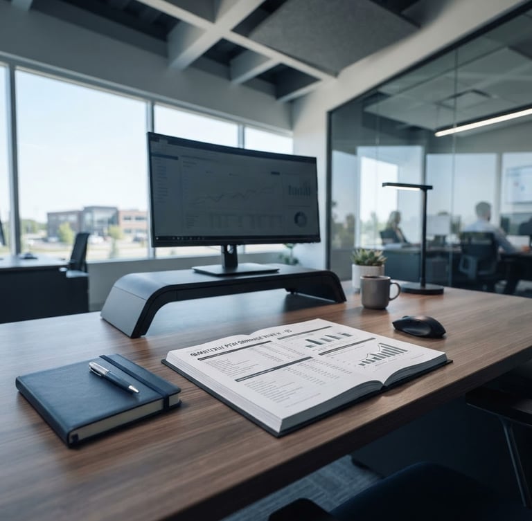 Modern, organized office space in Ajax, Ontario, with architectural lines and natural daylight, focused on a structured document on a desk, cool navy and grey tones