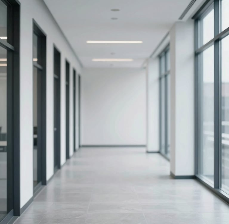 Architectural interior of a modern, clean office space in Ajax, Ontario, with subtle branding, soft natural daylight, cool undertones, clean lines, shallow depth of field, 35mm, positioned to the right.