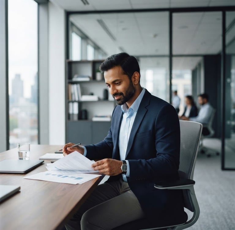 Professional portrait of Parath Kumar in a modern, organized office environment, reviewing documents, soft natural daylight, cool undertones, architectural symmetry, shallow depth of field, 35mm, positioned to the left.