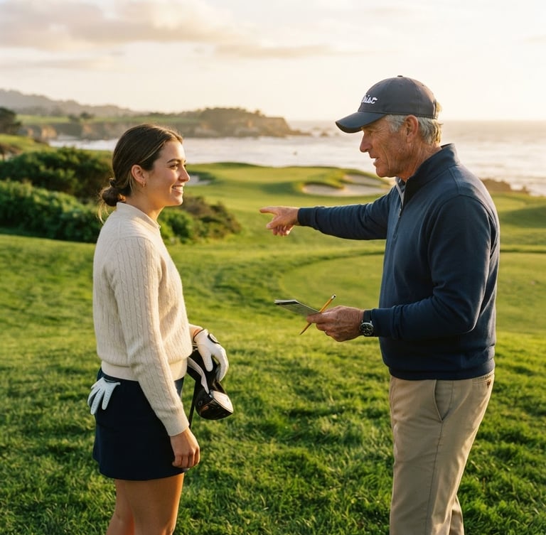 A warm editorial portrait of a golf coach explaining course strategy to a student on a lush green fairway, golden-hour coastal sunlight, deep greens and soft gold tones, shallow depth of field, 35mm