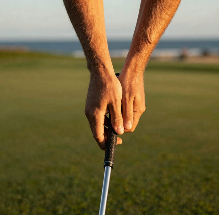 A close-up of a golfer's hands perfectly gripping a club on a leather grip, soft sand-gold tones, warm coastal sunlight, shallow depth of field, 35mm