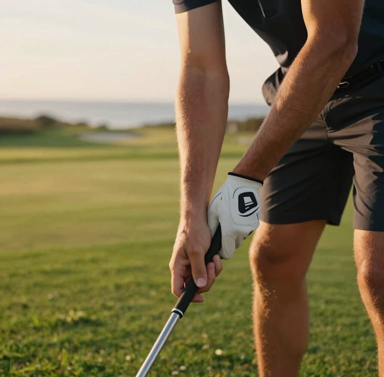 A close-up of a golf coach adjusting a student's grip on a driver, soft golden hour lighting, lush green grass in the background, shallow depth of field.