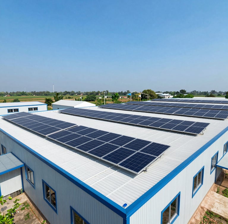Vibrant outdoor wide shot of monocrystalline solar panels installed on a modern factory roof in Srikakulam under bright midday sun