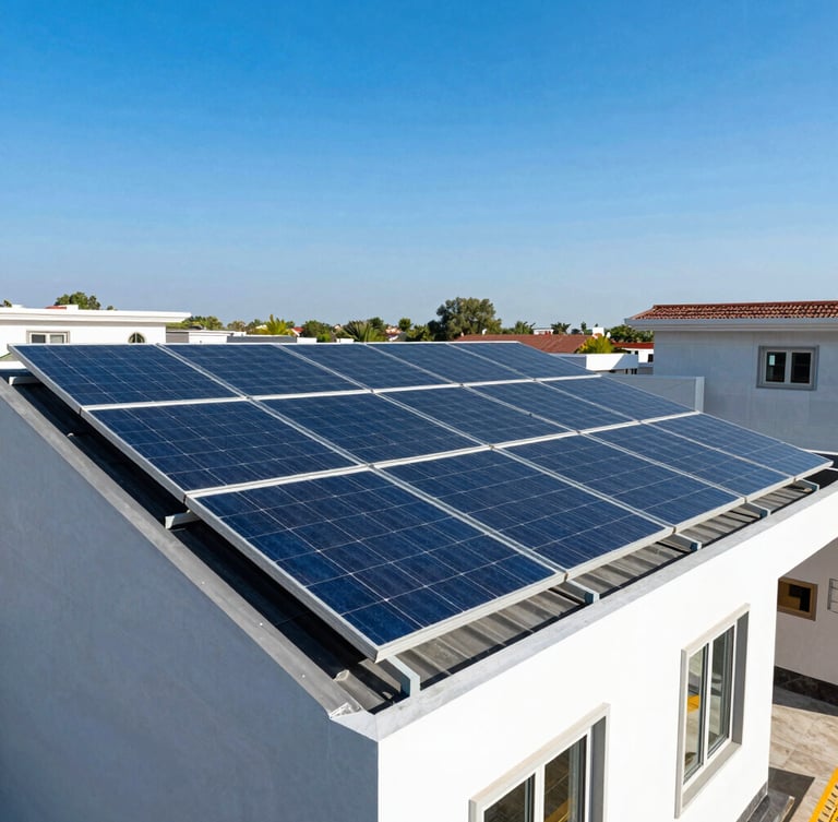 Vibrant portrait photography of high-quality monocrystalline solar panels installed on a modern Indian home rooftop, bright direct sunlight, clear blue sky.