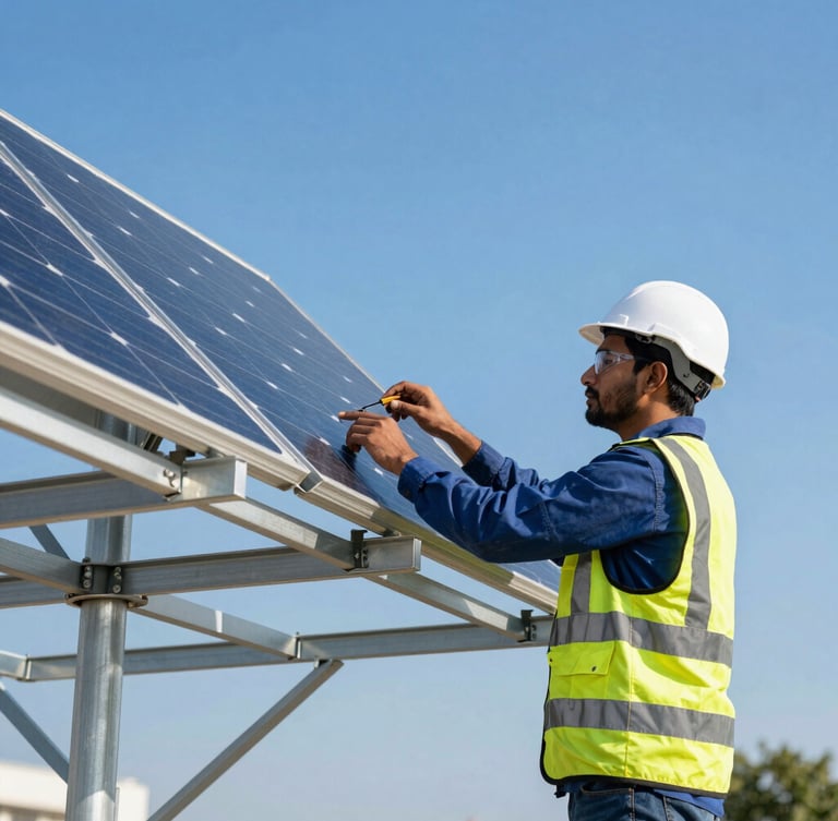 Medium shot of a professional Indian solar engineer in safety gear adjusting a high-quality solar panel on a sturdy aluminum mounting structure, bright direct sunlight