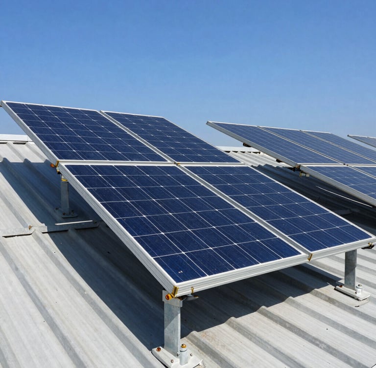 Close-up of high-quality monocrystalline solar panels securely mounted on robust metal structures on a commercial roof under clear blue sky