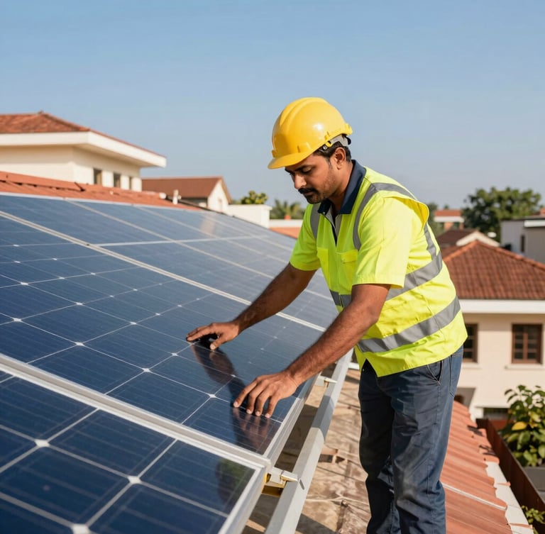 Vibrant outdoor photography of a professional Indian engineer in safety gear adjusting high-quality monocrystalline solar panels on a residential rooftop, warm direct sunlight, 35mm