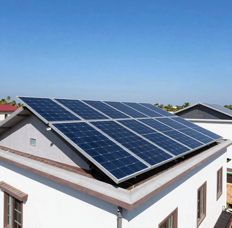 Wide environmental shot of modern monocrystalline solar panels installed on a residential rooftop in Srikakulam under bright midday sun, blue sky, sharp details