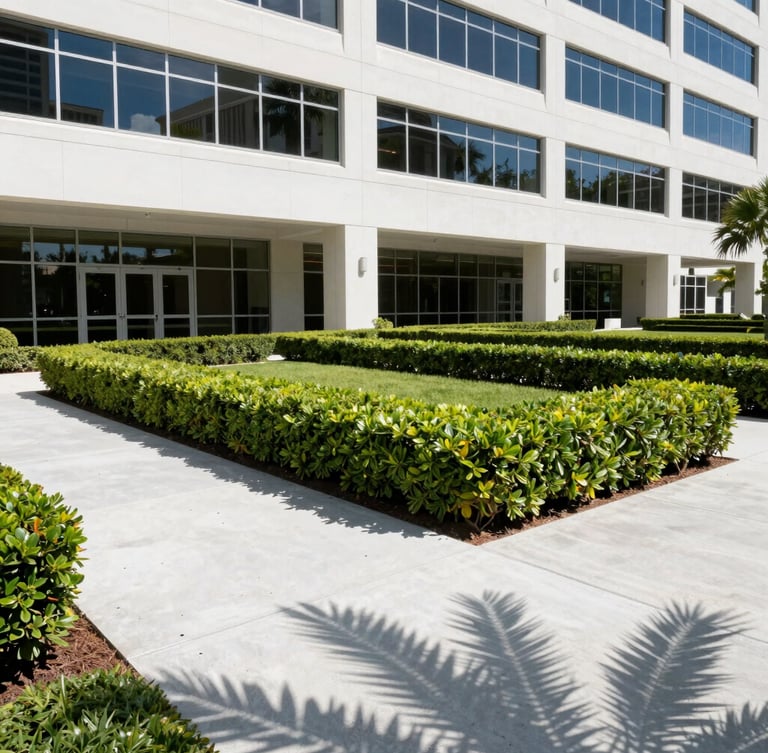 Manicured commercial office building grounds in Florida, clean lines, architectural hedges, bright midday sun, crisp shadows