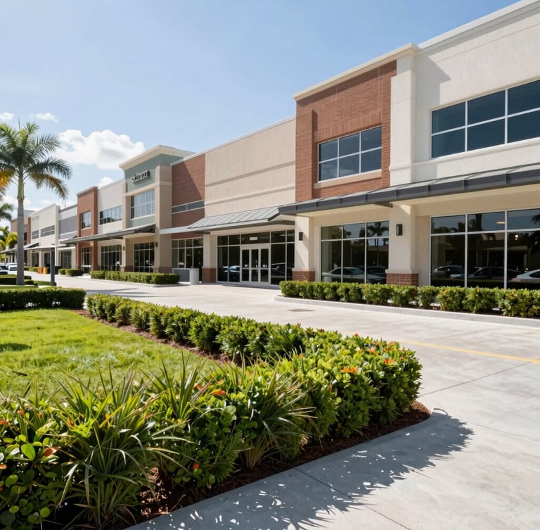 Low-angle architectural shot of a modern Florida commercial plaza with razor-sharp grass borders and pristine manicured hedges under bright sunlight.