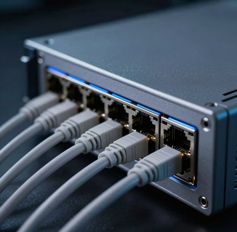 Macro close-up of a high-end network firewall hardware interface, clean cable management, subtle blue backlighting, cool-toned studio lighting, deep shadows.