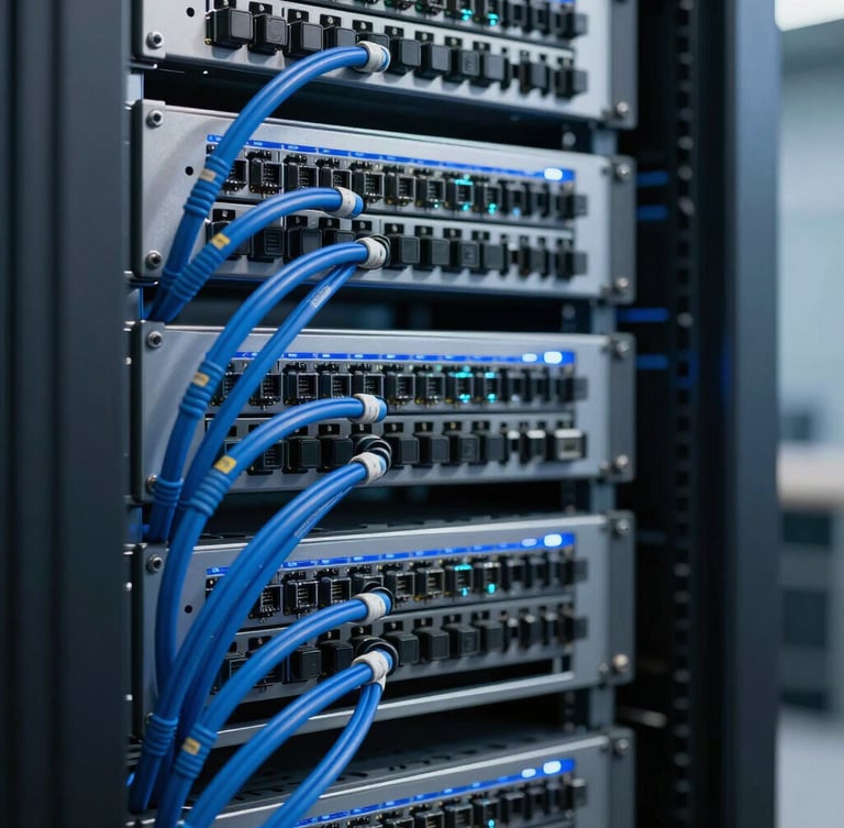 A close-up of high-end server racks with pristine blue cable management in a cool-toned Danish data center, sharp focus on structured patch panels, soft blue backlighting.
