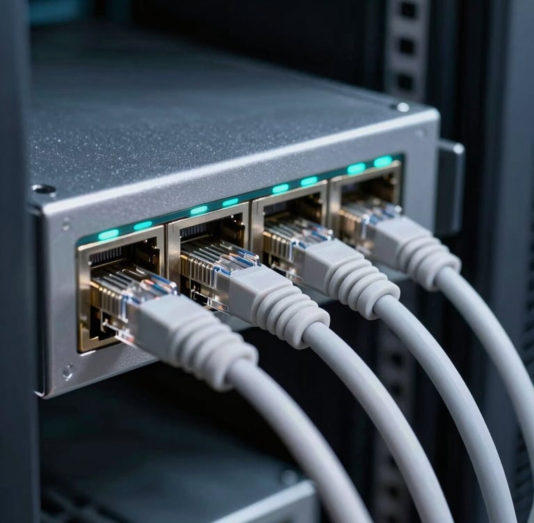 Macro shot of an enterprise firewall interface with clean Ethernet cable management, subtle electric cyan status lights reflecting off cool-toned steel, deep shadows, professional server room environment.