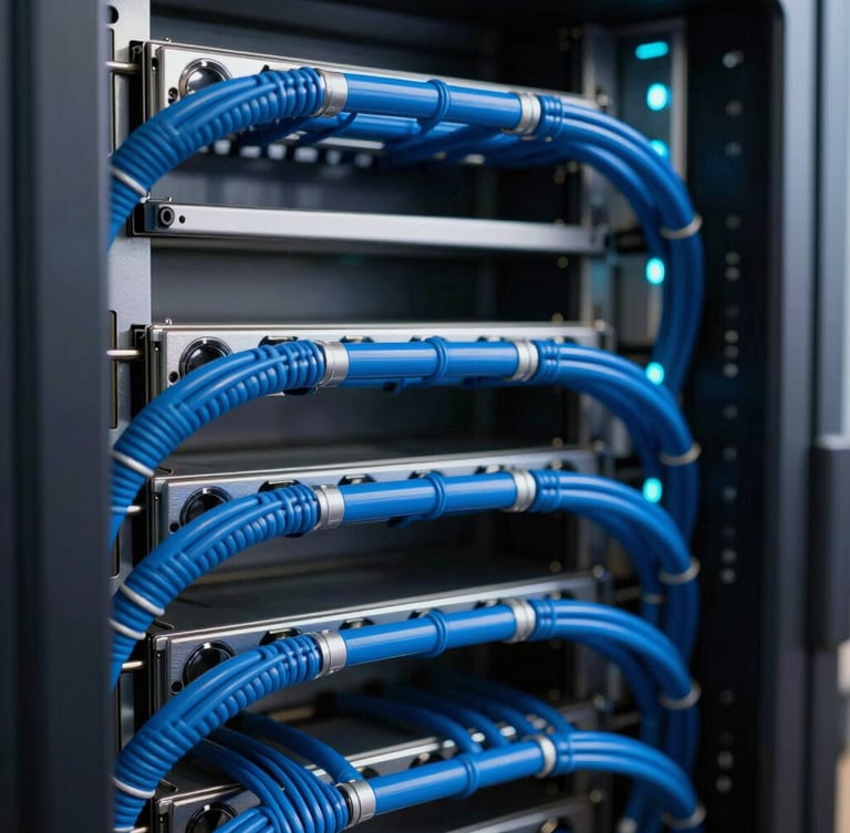 Macro shot of high-end server rack with clean blue cable management, cool-toned studio lighting, subtle cyan backlighting, shallow depth of field.