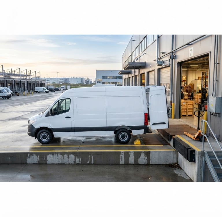 Wide shot of a meticulously clean, modern commercial cargo van, parked on a loading dock at dawn, professional corporate tones, sharp focus, 35mm lens, bright natural daylight.