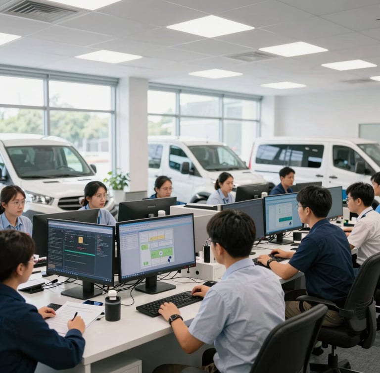 Professional Atiras Group dispatch office interior, bright and organized, with team members in uniform monitoring screens, clear daylight streaming through windows, sharp focus on operational efficiency.