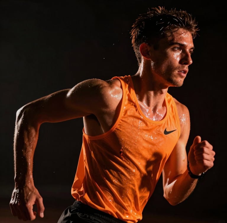 Heroic low-angle portrait of an athletic runner in motion, dramatic chiaroscuro lighting, sweat glistening under harsh orange neon light, dark background