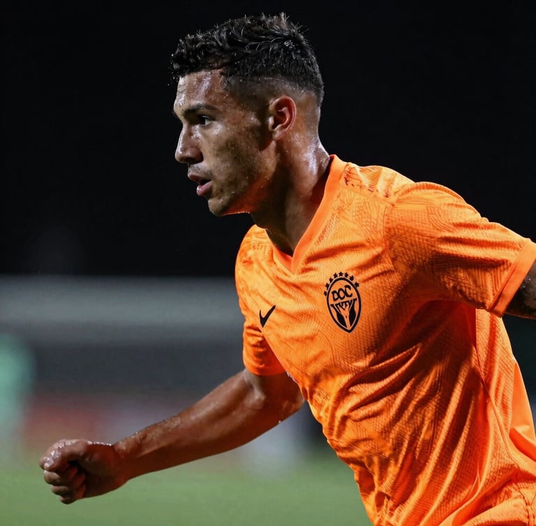 Dynamic sports photography, close-up profile of a determined football player wearing a vibrant neon orange technical jersey, dramatic lighting, dark background, 35mm lens