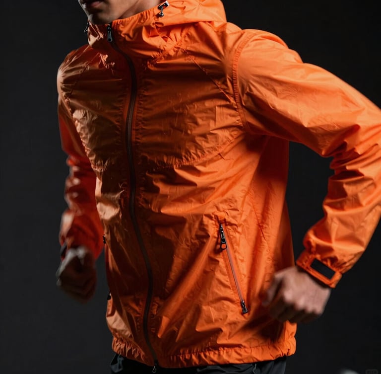Dramatic close-up of a technical orange windbreaker jacket, heavy shadows, neon lighting, texture of ripstop nylon, action motion blur, 35mm lens