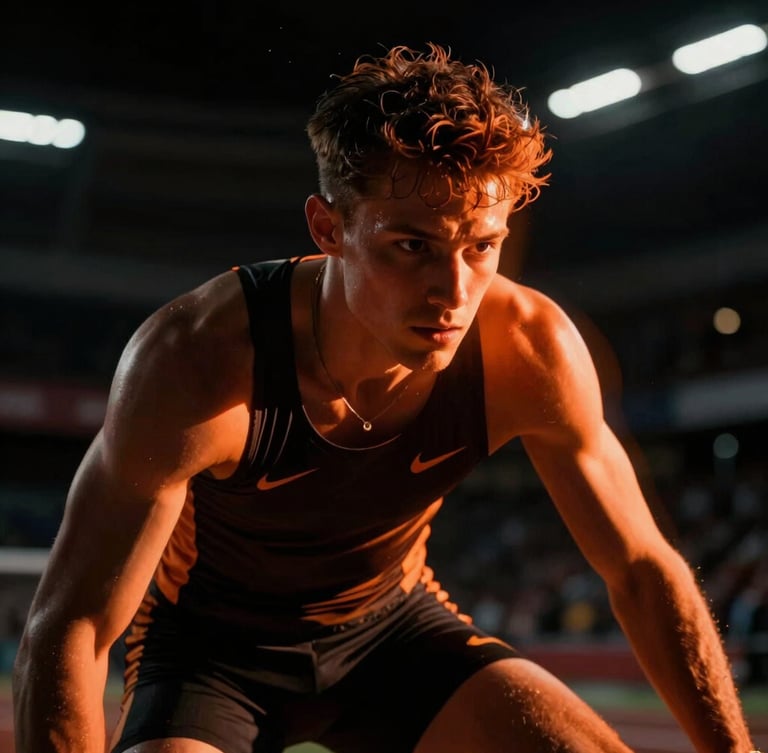 Hero portrait of a focused athlete in a dark stadium, dramatic orange neon rim lighting, high contrast, action motion blur, 35mm lens