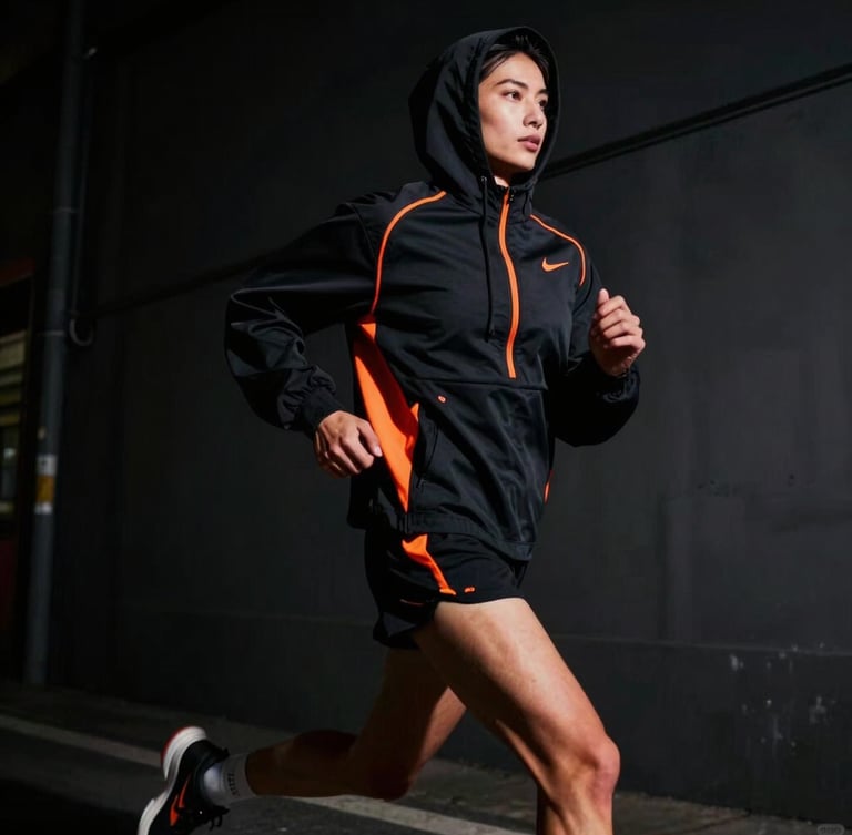 Low-angle dramatic sports portrait of a runner in a dark alley, wearing an oversized black technical hoodie with neon orange details, high-contrast harsh lighting, shadows, 35mm lens.