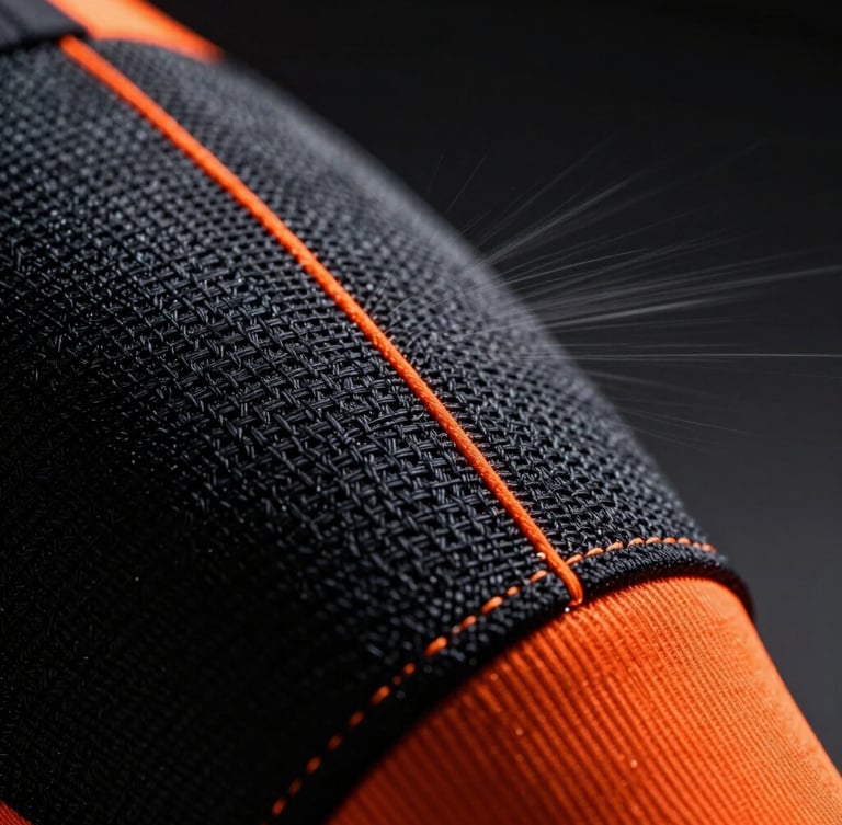Macro extreme close-up of a high-tech athletic fabric, showing detailed weave and orange stitching, dramatic side lighting, dark moody background, high contrast.