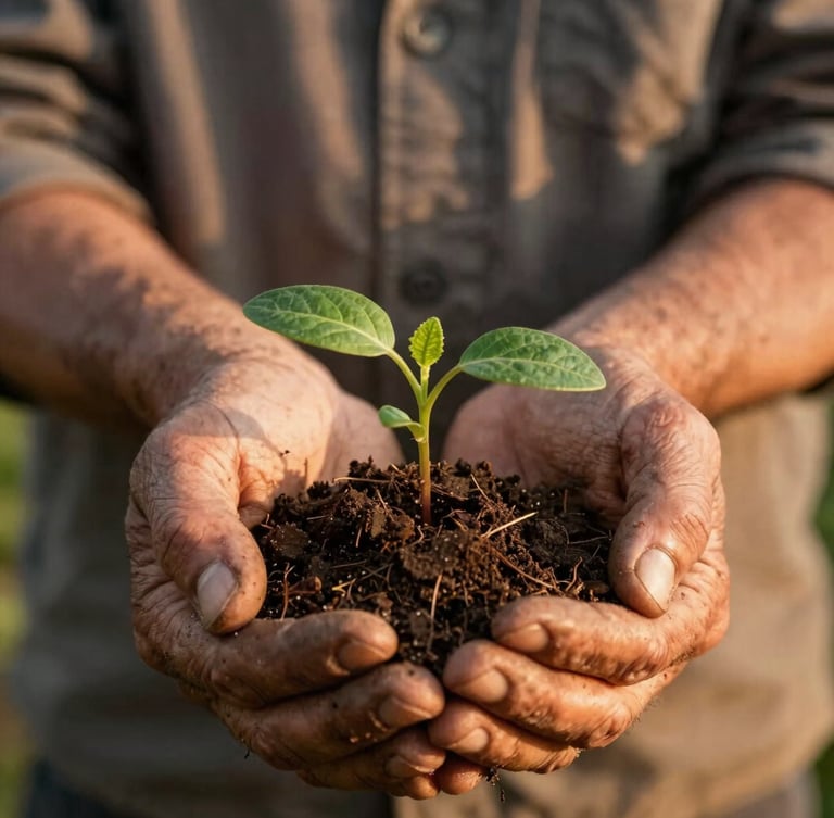 Close-up of a local worker's weathered hands gently holding a small green native seedling with rich dark soil, warm golden-hour sunlight, shallow depth of field