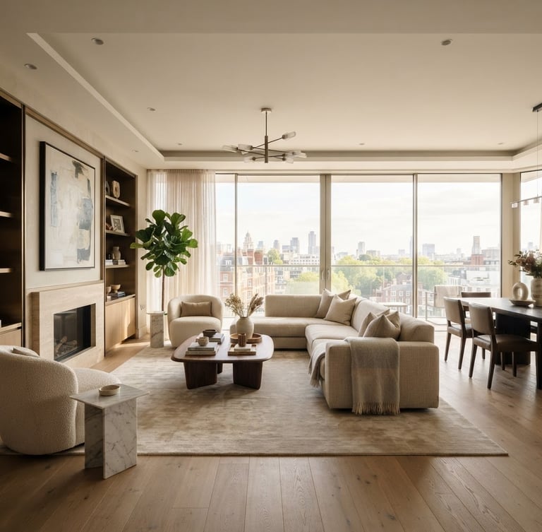 Wide-angle architectural interior of a luxury apartment living room, bright natural daylight, warm neutral tones, high-end residential interior, no people.