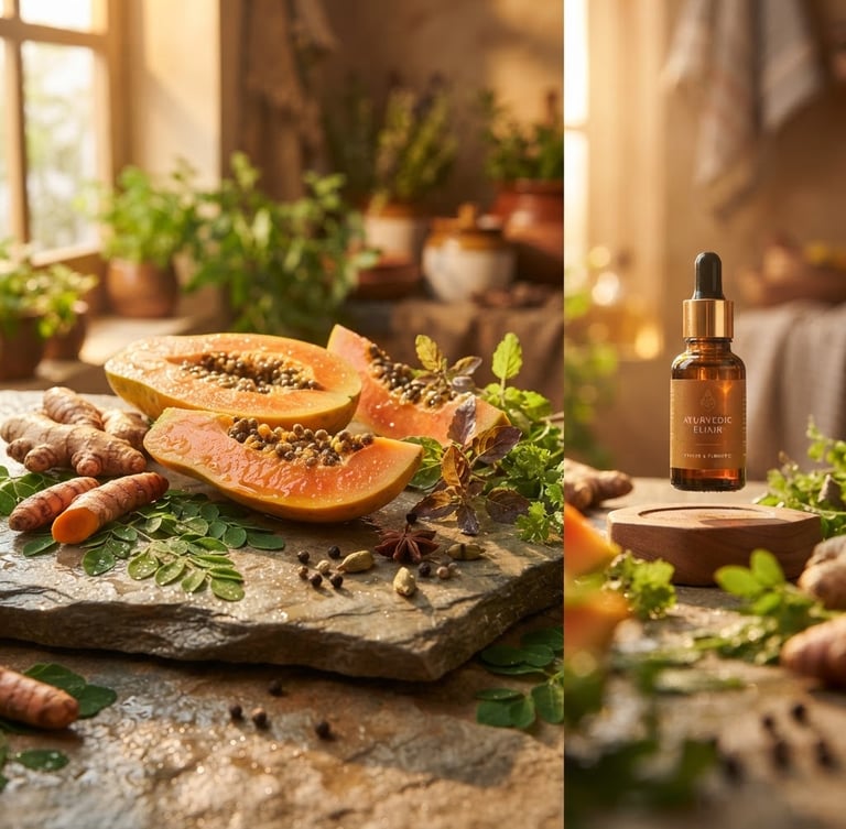 Wide panoramic shot of dewy papaya slices and fresh Ayurvedic herbs on a smooth stone surface, bathed in warm golden-hour window light, with soft reflections and macro depth of field. A floating amber glass jar with subtle reflections is in the right third.