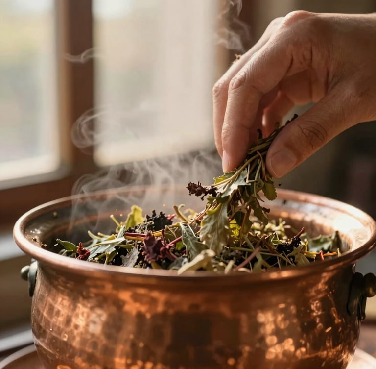 Portrait close-up of hands gently stirring fresh botanicals in a traditional copper vessel, bathed in soft golden window light, with steam rising gently. Macro depth of field focuses on the texture of the herbs and the vessel.