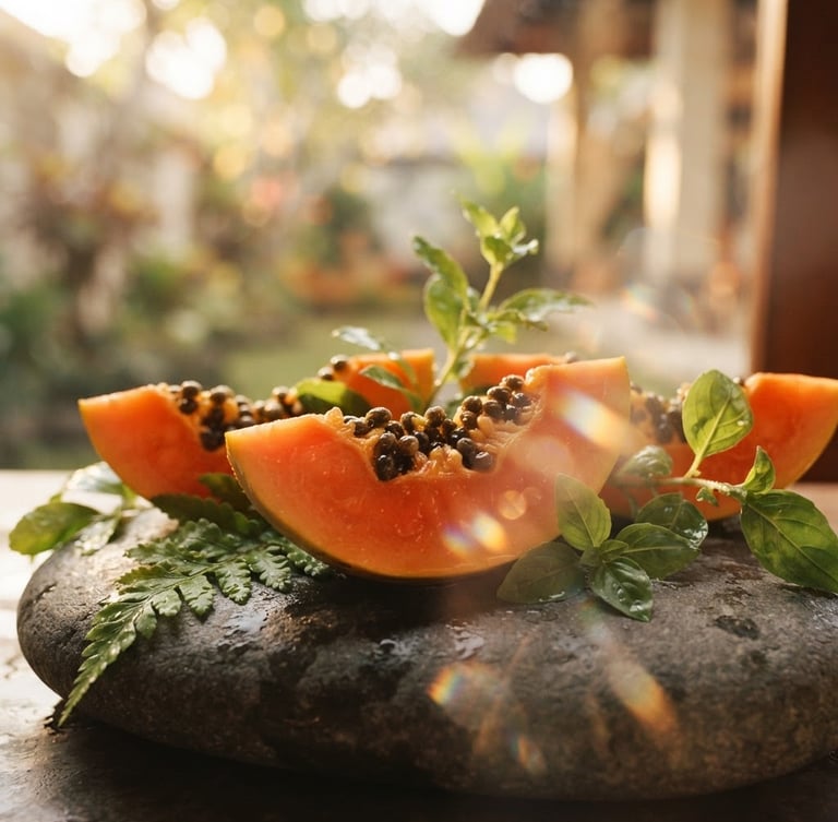 Macro close-up of fresh papaya slices and green leaves on a smooth stone, bathed in warm golden-hour window light, soft glassmorphic reflections, 35mm, wide aspect.
