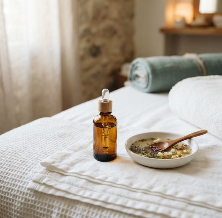 Close-up detail of smooth massage oils and pristine white linens in a quiet, softly lit treatment room, calm editorial photography, soft diffused window light, shallow depth of field