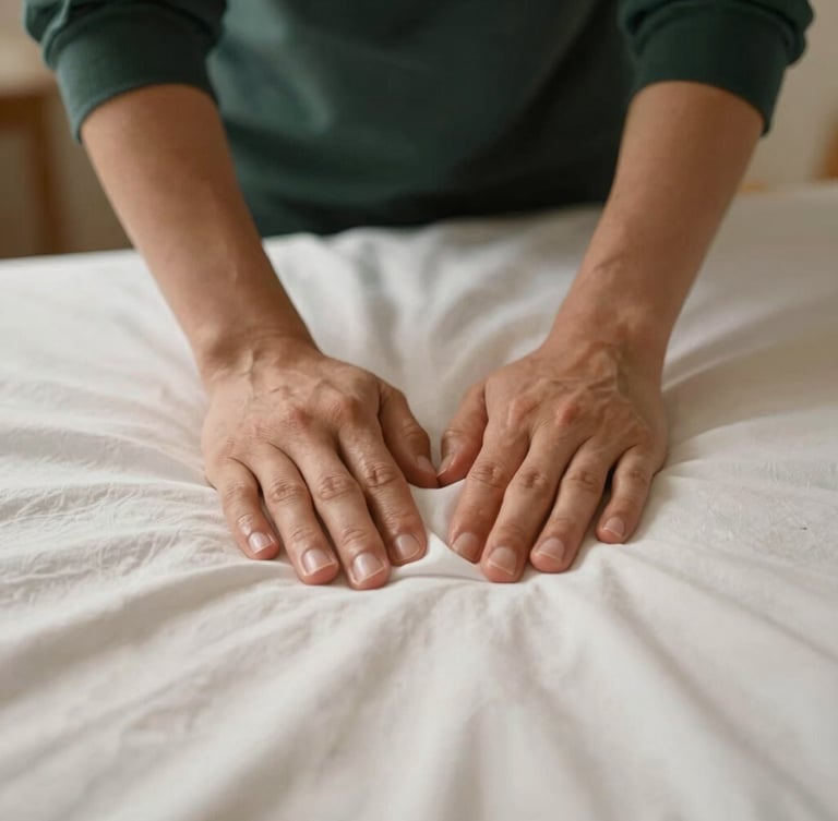 Close-up of hands applying firm, professional pressure to a clean cotton sheet, warm indirect lighting, shallow depth of field.