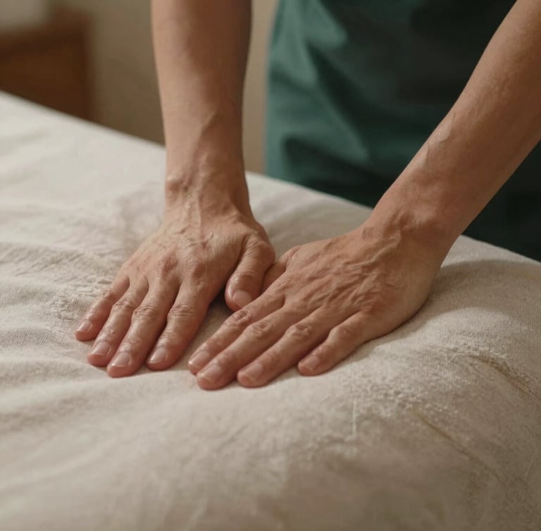 Close-up of hands applying restorative pressure on a clean linen surface, warm diffused indirect light, shallow depth of field