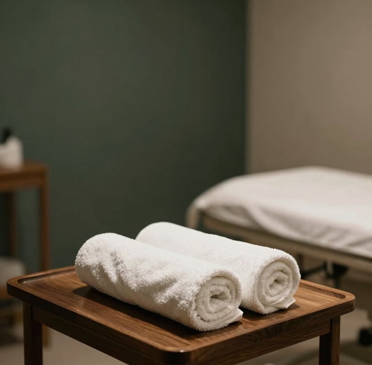 A minimalist, empty treatment room with fresh rolled white towels on a dark wood table, soft diffused light.
