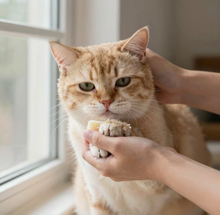 Close-up of a groomer gently washing a calm cat's paws with natural soap, soft window light, warm cream tones, shallow depth of field