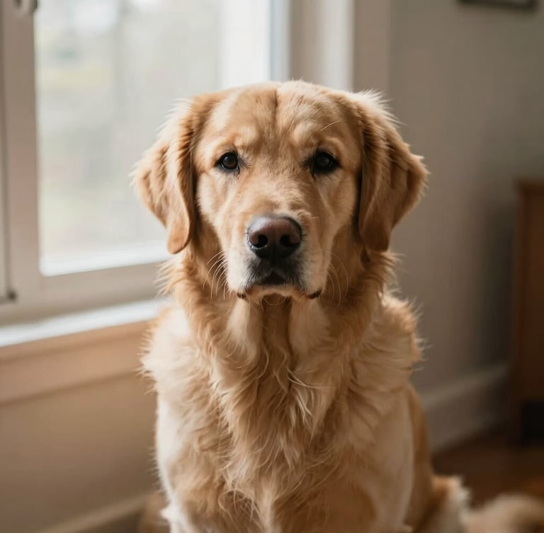 A calm golden retriever sitting peacefully in warm, soft natural window light, shallow depth of field, 35mm photography