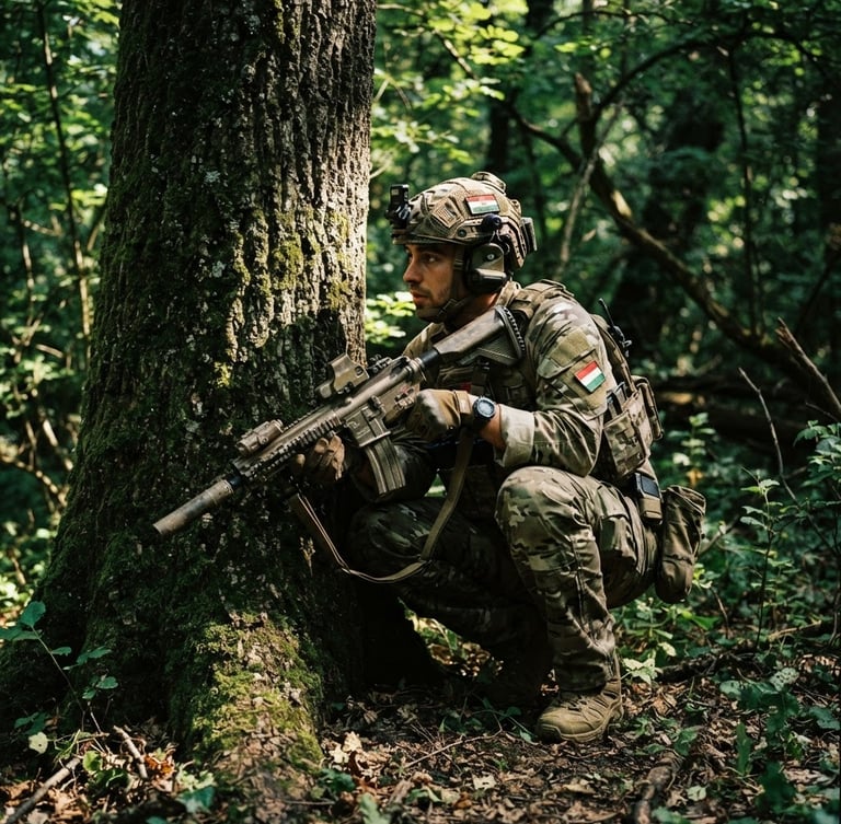 Low-angle gritty tactical shot of an airsoft player in full camo gear crouching behind a thick mossy tree trunk in Szolnok forest, holding a replica rifle, dappled sunlight filtering through dense green foliage, 35mm film style