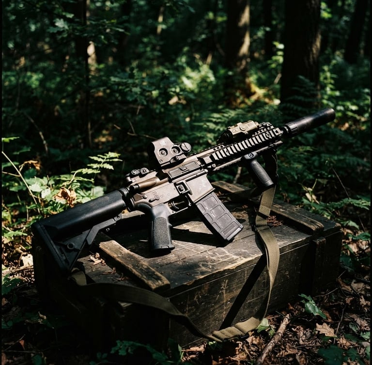 Close-up of tactical airsoft replica resting on a wooden crate in a dense, dark green Hungarian forest, dappled sunlight filtering through leaves, gritty 35mm photography style.