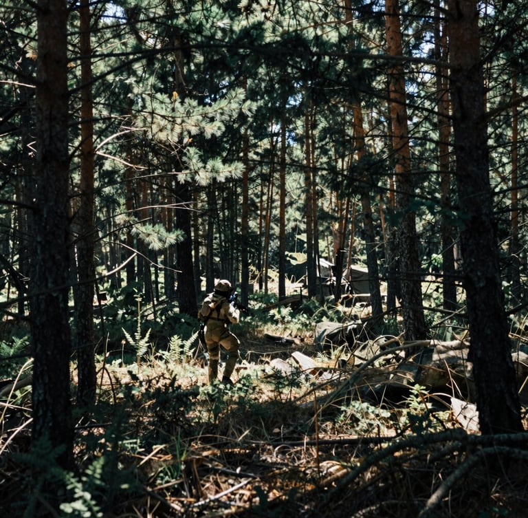 Gritty tactical photography of a dense Hungarian pine forest, dappled sunlight filtering through branches, unpolished realistic airsoft field terrain