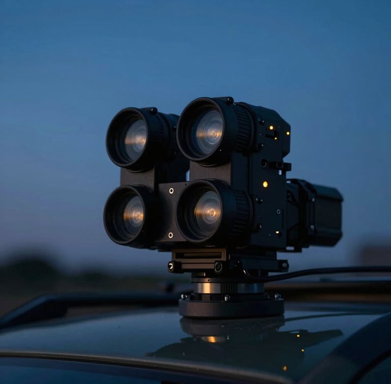 Close-up of high-tech tactical direction-finding antenna array mounted on a vehicle, low-key dramatic lighting, cool blue twilight background with subtle amber indicator lights, 35mm.