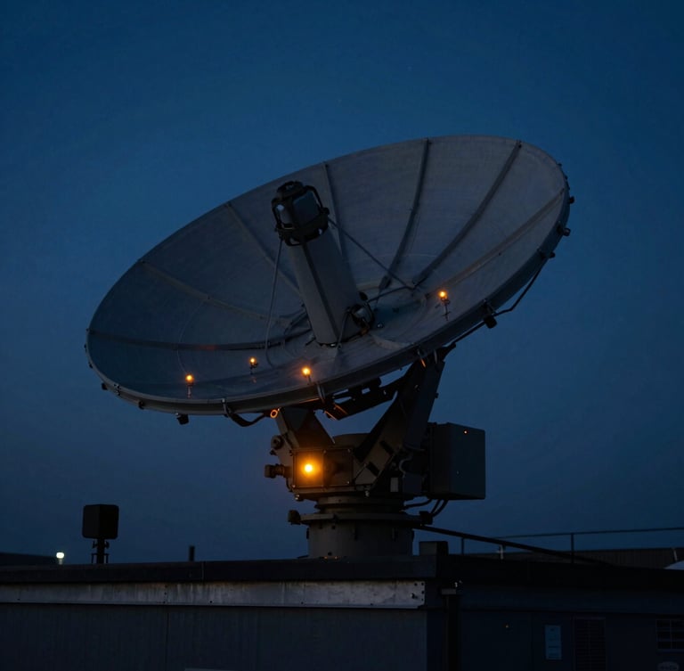 Dark tactical photography of a high-frequency direction-finding antenna array on a secure facility roof, low-key dramatic lighting, cool blue night sky, amber indicator lights, 35mm