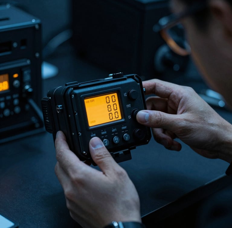 Dark clean-room environment with a technician calibrating a complex tactical receiver unit, glowing amber digital displays, cool blue ambient lighting, sharp macro details, 35mm