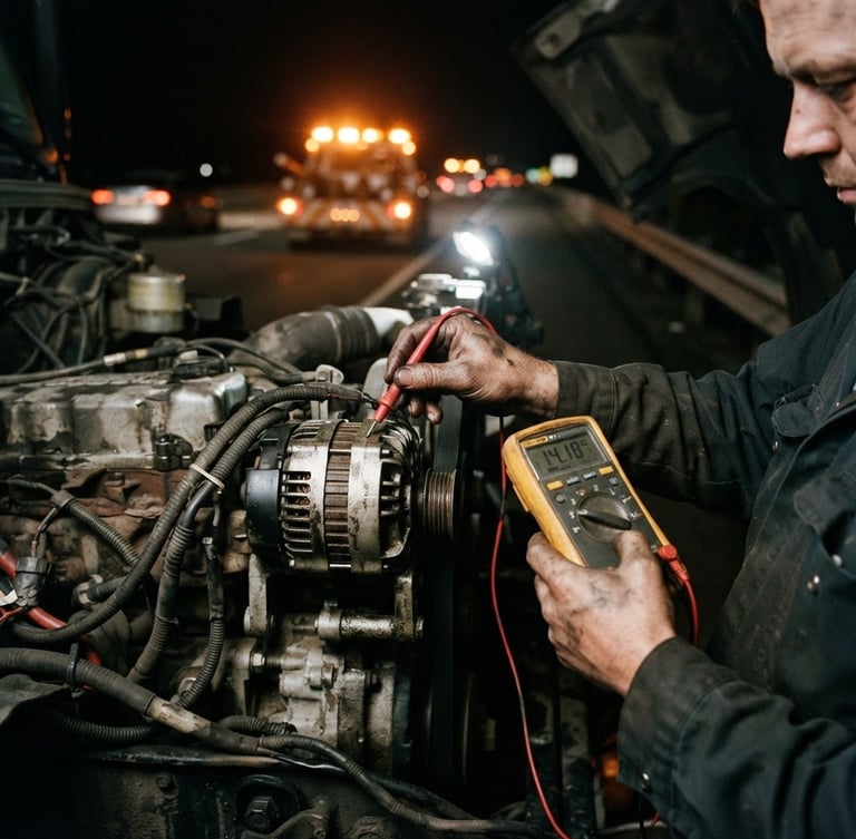A close-up of a mechanic's hands testing a heavy-duty truck alternator with a multimeter on a dark highway shoulder, amber safety warning lights flashing in the background, gritty documentary style, 35mm lens